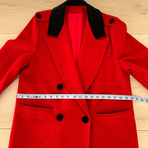 Vintage 80s Women's Red Wool Pea Coat Black Velvet Collar with Epaulets Size 12 - Picture 11 of 16